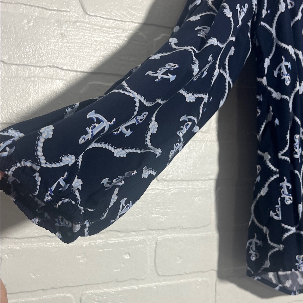 Crown & Ivy Navy Blue Long Sleeve Blouse Work Shirt Cotton Anchors Large - Picture 2 of 5